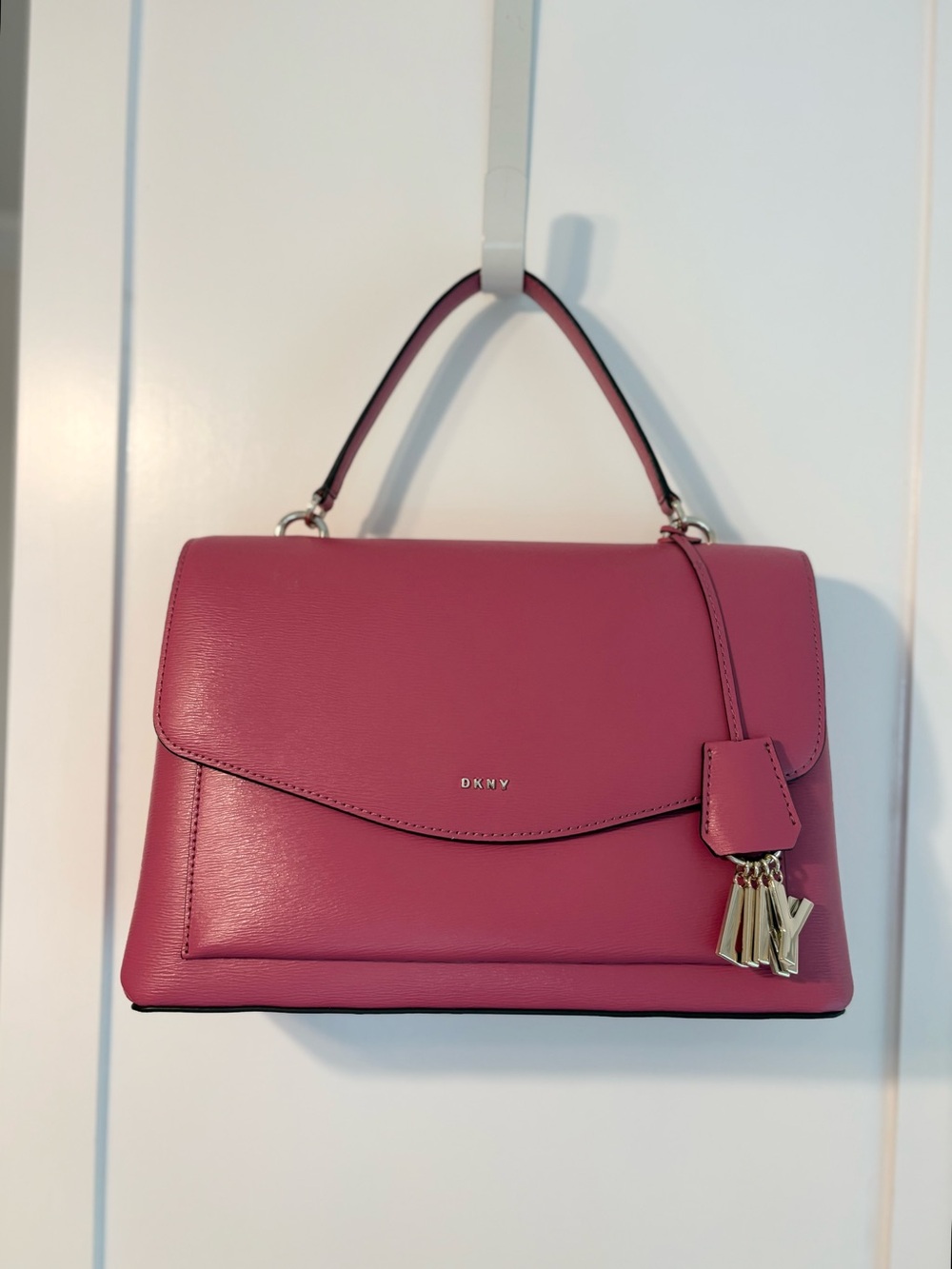 DKNY Rose Pink Top-Handle Satchel with Adjustable Strap and Champagne Accents